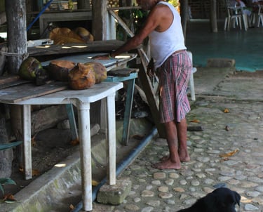 a man prepares his workstation to cut and sell fruit to the locals and tourists in Puerto Vallarta