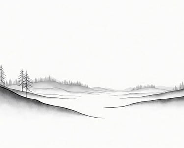 Minimalist Nordic line art — single black contour inspired by landscape silhouettes and calm.