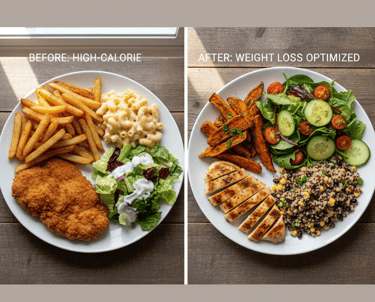 Comparison of high-calorie versus weight loss friendly meals showing healthier food swaps