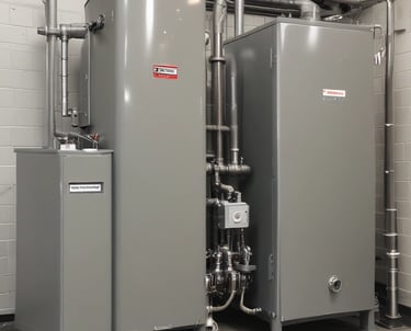 A complex system of pipes and valves with several pressure gauges and a red pump. The setup includes white pipes with red and blue markers, metallic connectors, and a panel with temperature indicators.