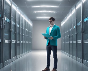 A person stands in a professional setting holding a blue folder. They are wearing a teal blazer over a white shirt and jeans. The background features glass walls and what appears to be a server room with blue lighting, suggesting a technological or business environment.