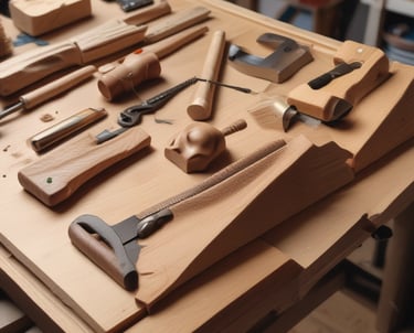 A person is engaged in woodworking, sitting cross-legged on the floor surrounded by wood shavings. They are carving a piece of wood using a chisel and a mallet. There are various tools and materials scattered around, including a knife and a block of wood.