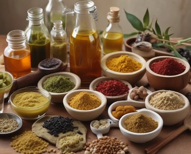 An assortment of traditional herbal ingredients, possibly used in Chinese medicine, arranged on papers with writing. A brass tray holds various plant materials next to a white mortar and pestle. A chopstick-style tool with colorful tassels is also present.