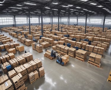 An industrial warehouse filled with various stacks and arrangements of metal beams, shelving units, and construction materials. A white truck is parked among the clutter. The scene includes colorful pallets and containers lining the walls, and the floor is mostly concrete.