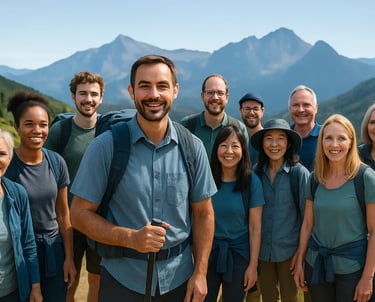 groupe de voyageurs souriants en montagne pendant les vacances