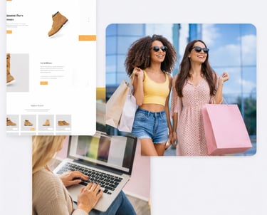 Two stylish women carrying shopping bags walk happily in a modern city