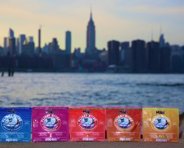 a row of gummies bags with a view of a city skyline