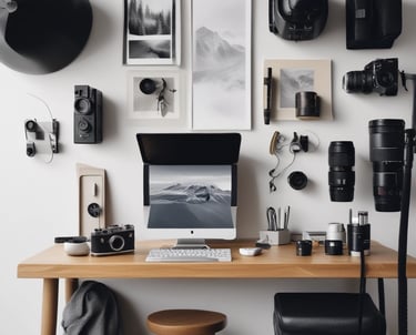 A minimalist workspace with a camera and photography equipment.