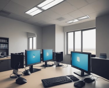 A modern office environment with computers and technology.