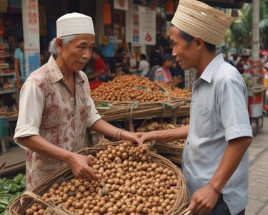 A jar of 'Bawang Goreng Sumenep' with a purple lid is positioned on a black pan, surrounded by various cooking ingredients. To the left are several red chili peppers and stalks of lemon grass. Near the top, there is a small bowl filled with crispy fried onions. On the right are cinnamon sticks, red shallots on green leaves, and a wooden cutting board with more shallots.