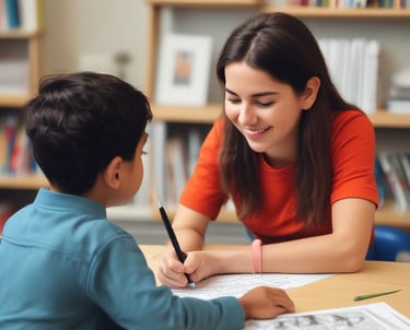 A thoughtful therapist engaging with children in a serene, supportive environment.