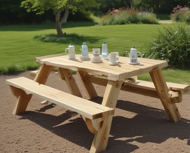 A stylish wooden picnic bench set up in a lush green park under a bright blue sky.