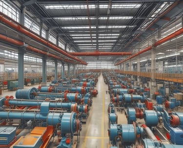 A large ship is docked at a busy industrial port. The scene includes various cranes and cables, with workers attending to the ship. The ship appears to be undergoing maintenance or loading. Several masts and smokestacks are visible, and the area is filled with mechanical infrastructure.