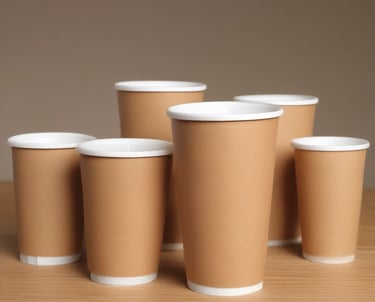 A collection of various paper cups in different sizes and designs.