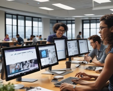 A team of IT professionals collaborating on a project in a modern office setting.