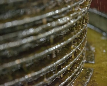 Close-up of golden extra virgin olive oil dripping through traditional mats in a hydraulic press.
