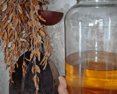 A glass jar of rakija next to dried olive branches and rustic kitchenware.
