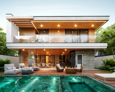 a large house with a pool and a lounge area