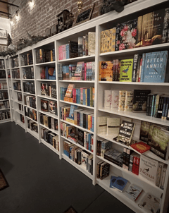 A book shelf in the back of Marigolds bookstore