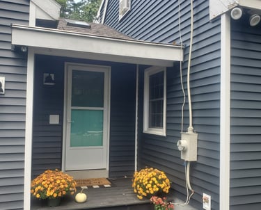 a house with a blue door and a white door