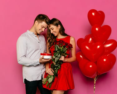 a man and woman holding a gift box