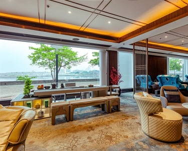 a large room with a couch and chairs