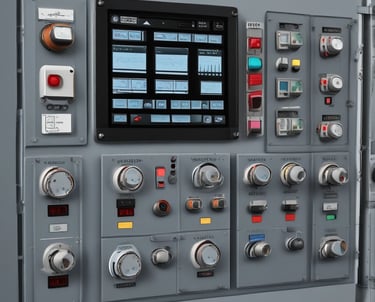 A control room with a large control panel featuring numerous buttons, switches, and screens. The panel is covered with papers and office supplies such as notebooks and highlighters. Displays on the control panel show various indicators and graphical information.
