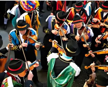 Traditional wooden-masked clowns “Maschér” creating playful chaos at Bagolino Carnival