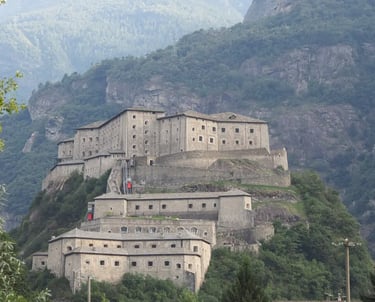 Panoramic view of the Fortress of Bard above the Dora Baltea River in Valle d’Aosta