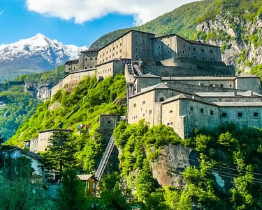 Panoramic view of the Fortress of Bard above the Dora Baltea River in Valle d’Aosta