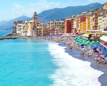 Panoramic view of Camogli seafront with colorful pastel houses