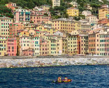 Panoramic view of Camogli seafront with colorful pastel houses