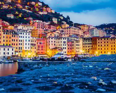 Panoramic view of Camogli seafront with colorful pastel houses