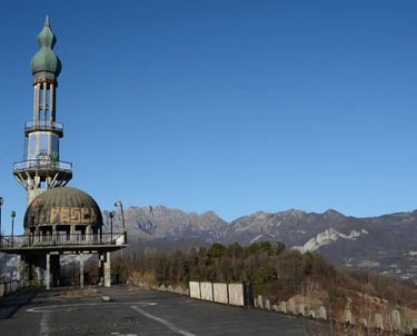The abandoned Moorish-style minaret of Consonno rising above the ghost village in Lombardy