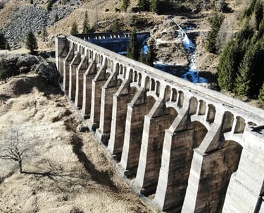 Ruins of the Gleno Dam arches in the Val di Scalve mountains, Lombardy