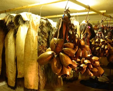 Mamuthones traditional costumes and cowbells in Mamoiada, Sardinia carnival masks