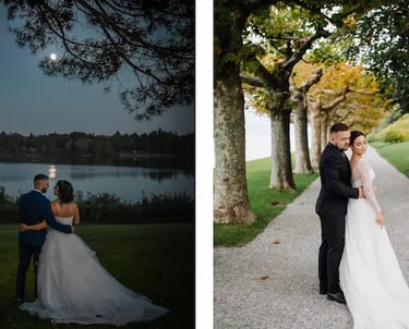 Bride and groom at Lake Como, romantic wedding photo with mountains and water in the background