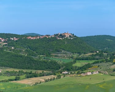 View of Montefollonico medieval village with Tuscan hills in the background