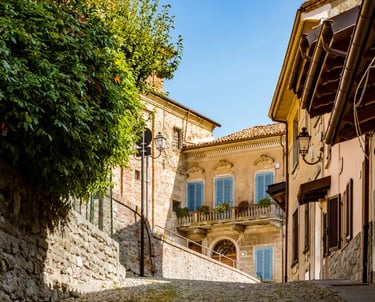 Historic center of La Morra Italy with cobbled streets and old houses