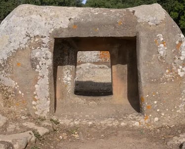 Megalithic tomb in Pranu Muttedu, Sardinia – prehistoric burial monument carved from stone, part of one of the largest necrop