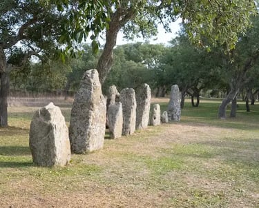 Row of menhirs at Pranu Muttedu, Sardinia – aligned prehistoric stones set among trees in the Mediterranean landscape.