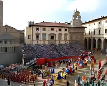 Crowd watching Giostra del Saracino medieval joust in Piazza Grande Arezzo
