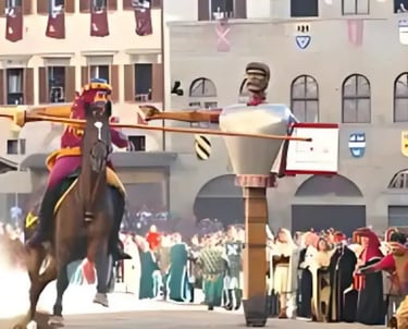 Knight on horseback charging with lance during Giostra del Saracino in Arezzo Tuscany