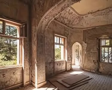 Abandoned Villa De Vecchi, the haunted red mansion of Lake Como, with ivy-covered arches and decayin
