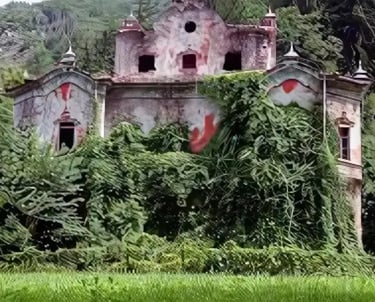 Abandoned Villa De Vecchi, the haunted red mansion of Lake Como, with ivy-covered arches and decayin