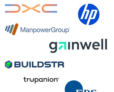 Collection of corporate logos including Pinterest, HP, DXC, ManpowerGroup, Gainwell, and Hewlett Packard Enterprise.