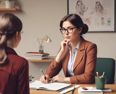 A person with long hair is sitting on a stool in a dark room, reading a document titled 'Action and Recovery'. The room features a circular light or projection on the floor and several cushioned stools scattered around.