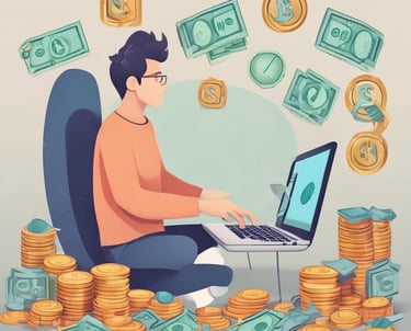 a bitcoin sitting on top of a pile of money