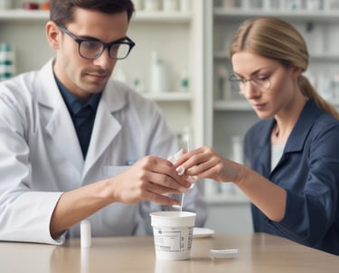 A healthcare professional wearing a surgical mask, disposable gloves, and a hairnet closely examines a vial of liquid. The background is blurred with blue and white tones, suggesting a clinical environment.