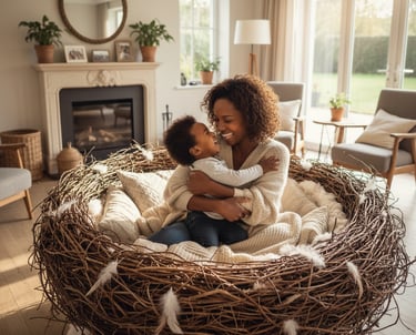 a woman and her son are sitting in a nestle